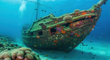 Sunken Shipwreck Encased in Coral Reefs on the Ocean Floor
