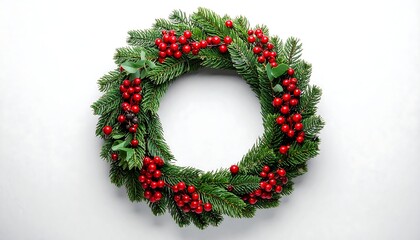 A vibrant, overhead shot of a classic circular decoration made with evergreen foliage and adorned with bright red berries