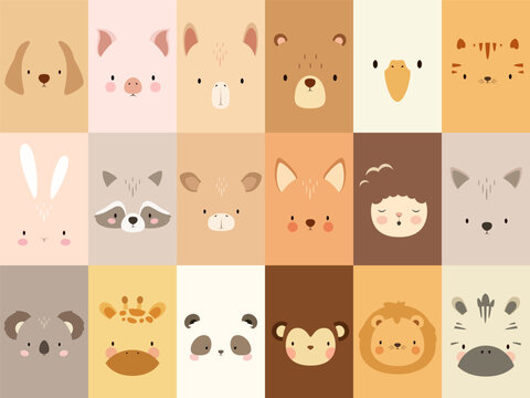 A set of cute animal faces. A simple illustration. Vector.м