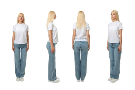 Set of woman in blank white t-shirt and jeans, isolated, PNG