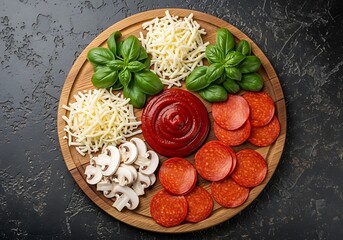 Overhead view of fresh pizza ingredients arranged on a wooden board with pepperoni, mushrooms, basil, cheese, and tomato sauce, Italian cuisine, pizza preparation, homemade cooking, rustic kitchen,