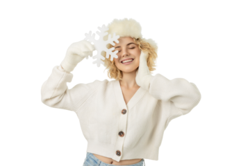 Person enjoys winter spirit with snowflake in hands, isolated, PNG