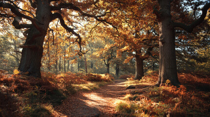 Fototapeta premium Pathway through a forest with trees and foliage in autumn colors on a sunny day outdoors