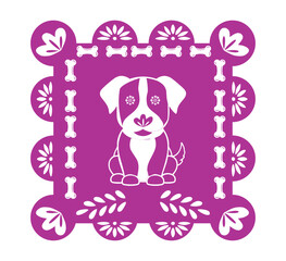 Papel Picado. Traditional Mexican paper cutouts for holiday paper garlands. Mexican flag vector template with dogs, flowers, and ornaments.