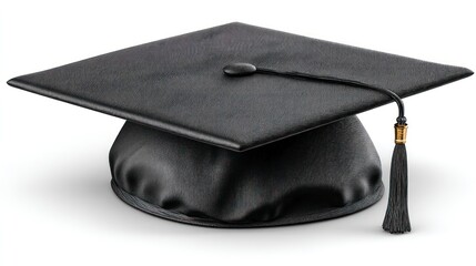 A  black graduation cap with gold tassel, presented against a plain white background, showcasing a formal academic attire.