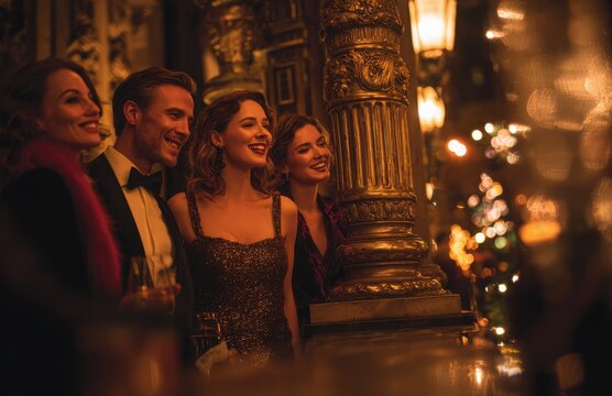Elegant friends enjoying festive evening in grand hall