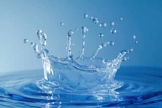 A dynamic scene of a water droplet splashing against a blue surface, creating a series of concentric ripples. - Powered by Adobe