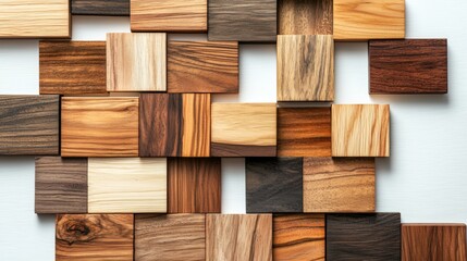 Wooden squares arranged in a modern design create a striking visual display in an indoor setting