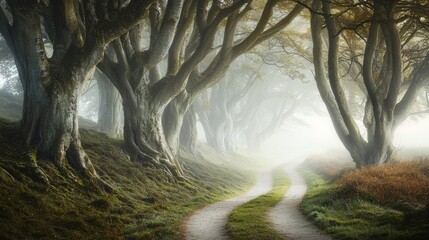 Misty forest path winding through ancient trees in early morning light