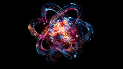 Colorful depiction of an atom with swirling energy rings and glowing particles against a dark background