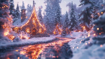 Cozy cottage surrounded by snow-covered trees and sparkling lights during winter evening scene
