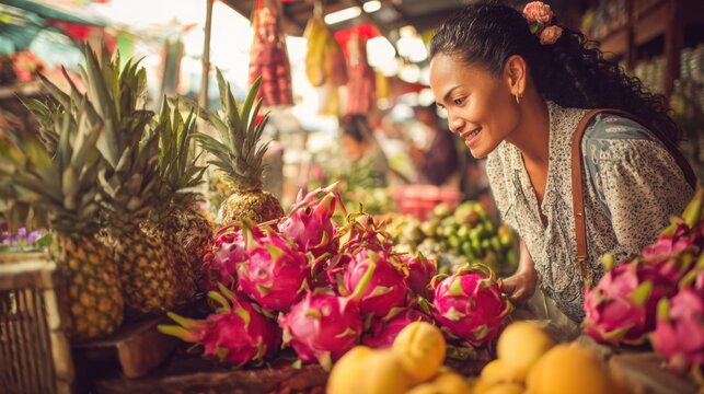 smiling woman admiring colorful tropical fruits, dragon fruit, pineapple, at a lively market, vibrant colors, natural sunlight, warm and cheerful