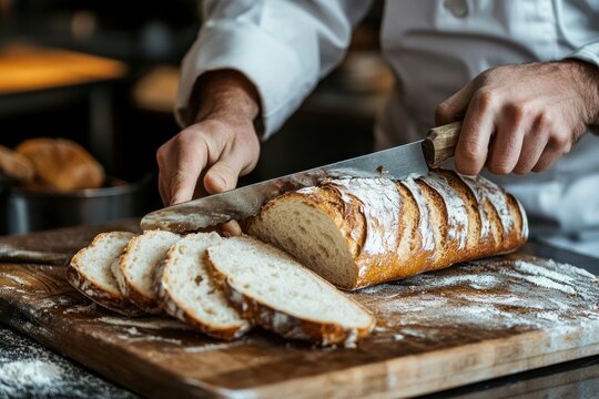 A chef skillfully slicing a loaf of bread on a wooden cutting board.