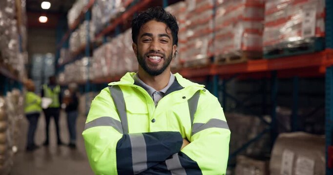 Logistics, face and man with arms crossed in warehouse for distribution, quality control or about us. Staff, supply chain manager or happy for storage management, export service or wholesale supplier