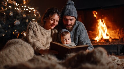 Obraz premium In a warm and inviting living room, parents share a joyful Christmas storybook with their young child. The flickering flames and decorated tree create a magical holiday atmosphere