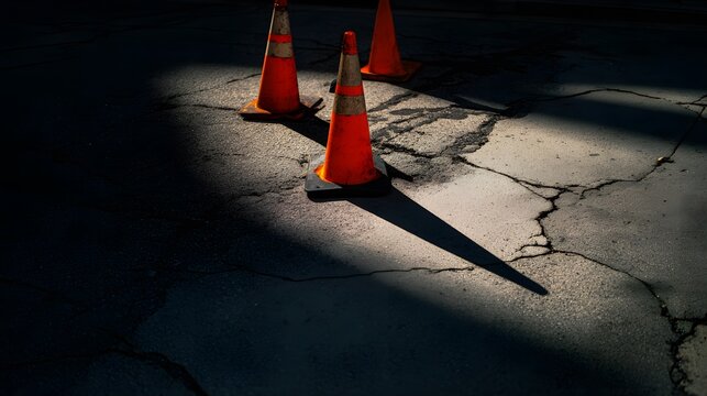 Urban disruption shadows a cracked road reflecting temporary safety restrictions under intense sunlight