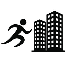 Black Silhouette of a Runner Approaching Two Skyscraper Buildings running person