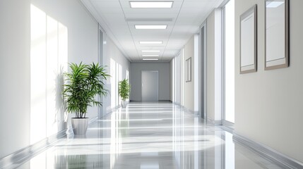 Clean modern hospital corridor with blank wall for medical branding
