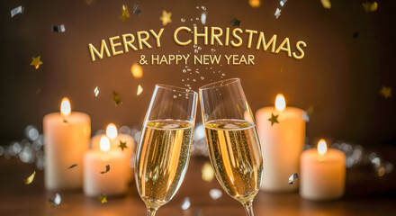 Two champagne glasses clinking together with confetti falling, surrounded by lit candles, celebrating Christmas and New Year.