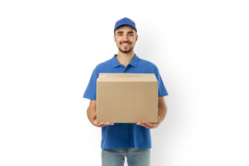 Delivery man in blue uniform holding a cardboard box, isolated, PNG