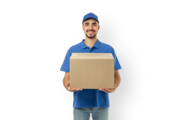 Delivery man in blue uniform holding a cardboard box, isolated, PNG
