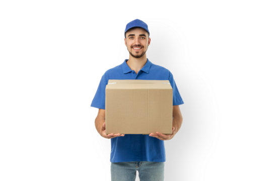Delivery man in blue uniform holding a cardboard box, isolated, PNG