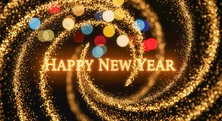 A swirling golden particle effect with colorful bokeh lights and the text "HAPPY NEW YEAR" in the center.