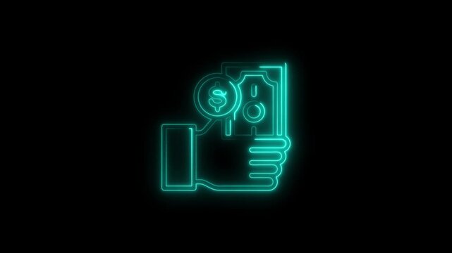 Teal neon hand holding money and coin icon on black background dollar currency