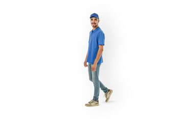 Young man in blue uniform posing for delivery, isolated, PNG
