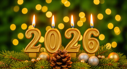 Golden candles shaped like the numbers 2026 illuminate a festive Christmas scene with pine needles and ornaments.