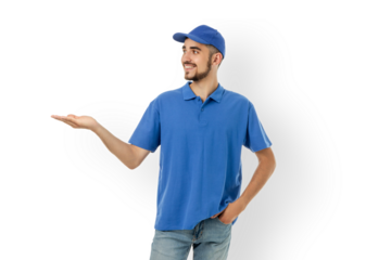 Man in blue delivery uniform showing hand gesture, isolated, PNG