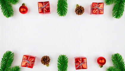 A festive Christmas border arrangement with red ornaments, pinecones, and wrapped gifts on a white background.