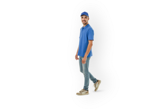 Young man in blue uniform posing for delivery, isolated, PNG