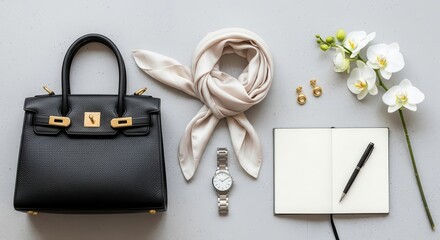 Elegant black purse and luxury accessories flat lay for a stylish professional woman's lifestyle brand or modern fashion blog featuring an orchid bloom
