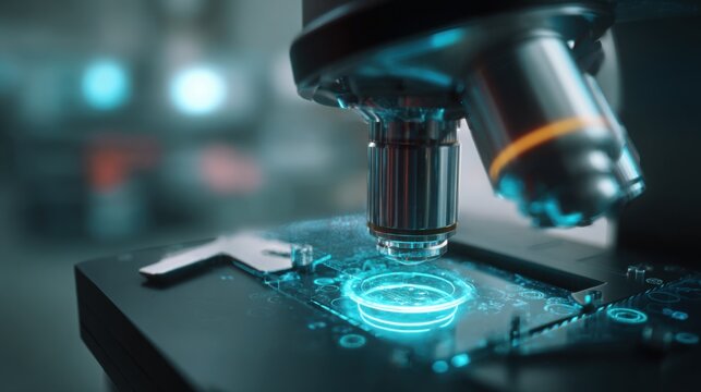 state of the art digital microscope with sample illuminated, close up on lenses and glowing interface, minimal lab background, high tech scientific