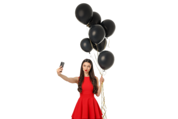 Young woman takes a selfie with black balloons, isolated, PNG