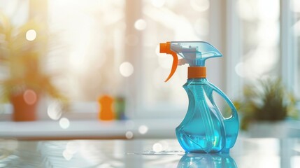A blue spray bottle with an orange nozzle sits on a reflective surface. Soft sunlight filters through a window, creating a bright atmosphere.