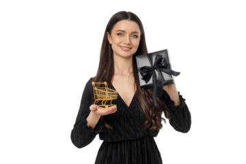 Woman is excitedly showcasing a shopping cart and gift, isolated, PNG