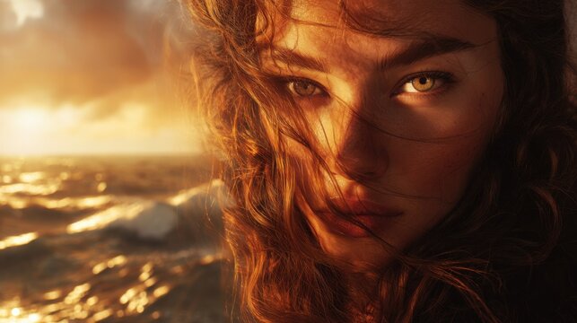 stunning woman s glowing in the golden sunset above the stormy sea, wind in her hair, warm sunlight reflecting in her eyes, ocean waves sparkling