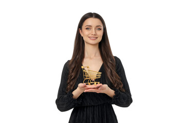 Woman smiles with a small cart of items, isolated, PNG