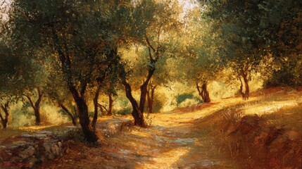 Sunlit Mediterranean olive grove with golden light filtering through leaves, rustic stone path, warm earthy tones, serene and timeless atmosphere