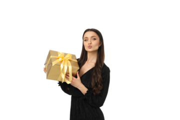 Woman marks Black Friday with a shiny gift box, isolated, PNG