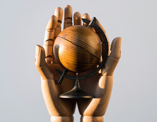 Wooden hands cradle a miniature globe, symbolizing global awareness and environmental consciousness.