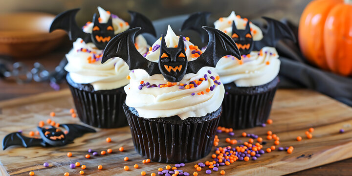 Delicious Halloween cupcakes with spooky bat decorations and festive sprinkles - Powered by Adobe