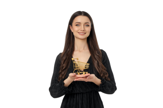 Woman smiles with a small cart of items, isolated, PNG