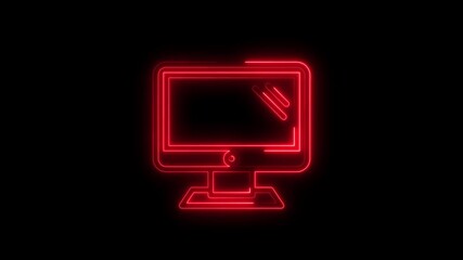 Red neon computer monitor icon on black background screen display - Powered by Adobe
