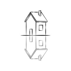 Simple minimalist house reflecting in water or on a mirror surface. Black and white line art illustration representing stability, home ownership, or a dream property.