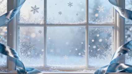 Frosty window adorned with delicate snowflakes and shimmering blue ribbons creates serene winter scene, evoking sense of calm and festive elegance