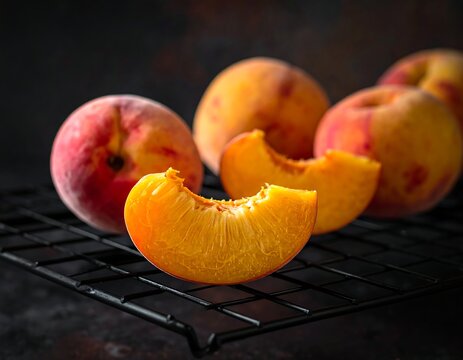 Close-up of ripe peaches on a cooling rack, one sliced open - Powered by Adobe