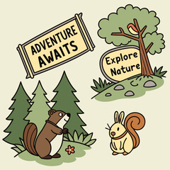 Naklejka premium Illustration featuring adventure awaits banner, nature sign, trees, squirrel, and a beaver in a forest scene